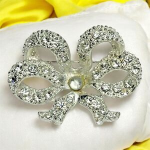 Brooch - Rhinestone bow  2 inches Clear Stones